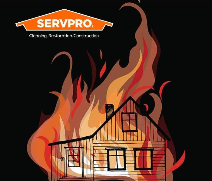 Cartoon House on fire with SERVPRO logo 
