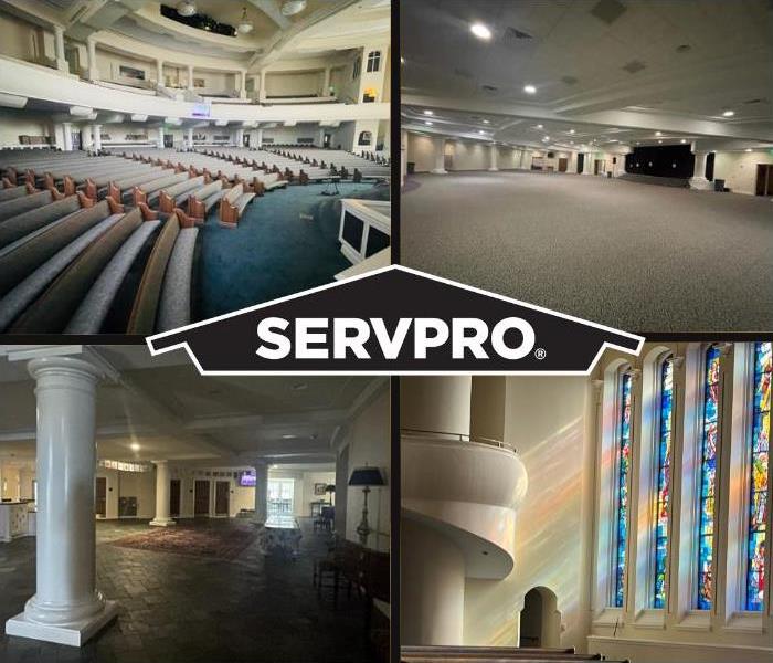 multiple rooms in local church with Servpro logo